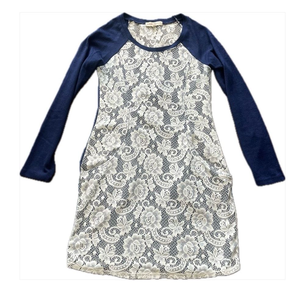 Altar'd State Navy and Ivory Lace Mini Dress Front Pockets Sz M